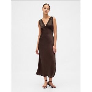 Gap Satin Lace-Trim V-Neck Maxi Slip Dress Brown Size Small Side Zip And Slit